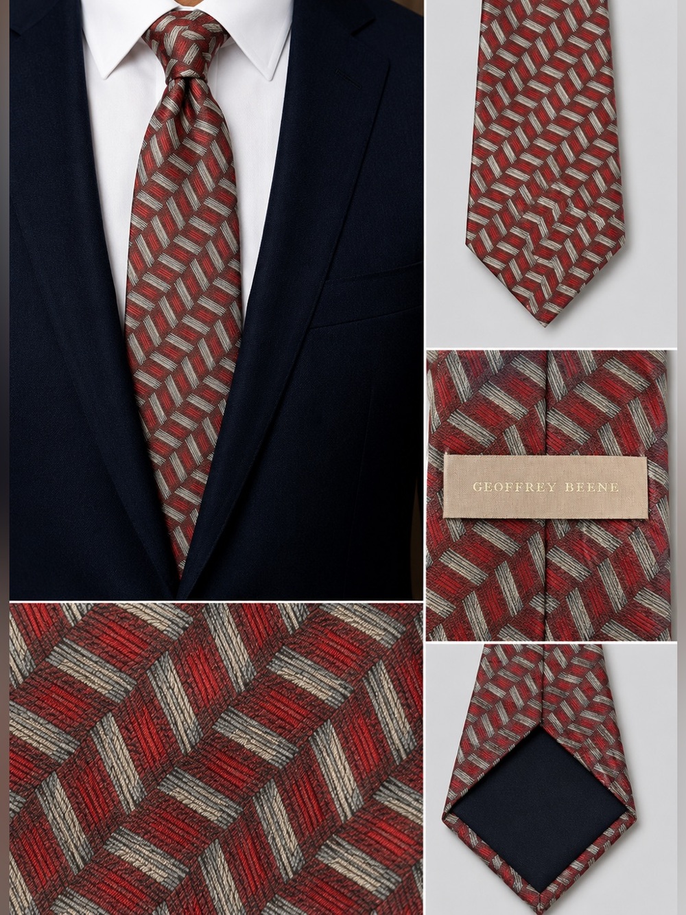 Geoffrey Beene Red and Gray Geometric Tie